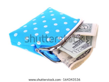 Blue purse with money isolated on white