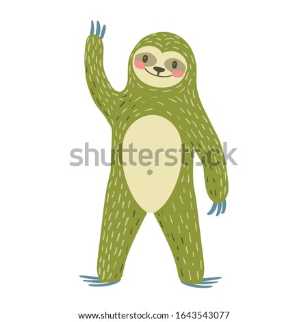 Funny and cute smiling green Three-toed sloth standing and waving his paw. Isolated on white background. Kids vector Illustration. Caribbean, fauna.