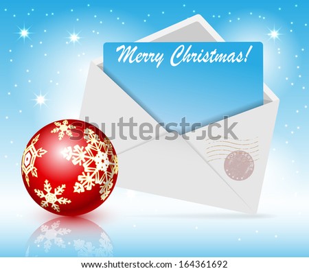 Illustration of Christmas toys and post envelope on a blue background. 