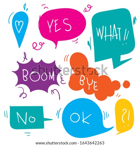 collection of Hand drawn set of colorful speech bubbles with dialog words. Vector bubbles speech doodle.