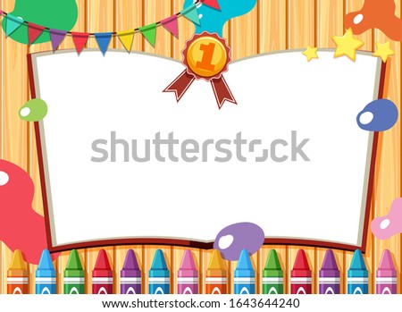 Banner template with color crayon on wooden background illustration