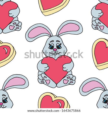 Valentine's day seamless pattern with hearts and a bunny.. Beautiful greeting card with valentines day seamless pattern. Red heart valentine love logo vector. Holiday background.Vector illustration