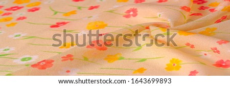 Texture background, silk fabric, small flowers on a beige background, Thin stitch. Red, beige tone print. Flower design