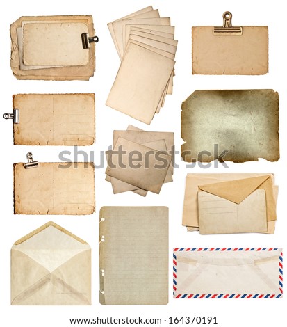 set of various old paper sheets. vintage photo album and book pages, cards, envelopes isolated on white background