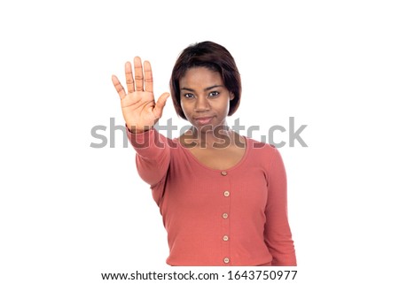 Adorable african woman with pink t-shirt isolated on a white background