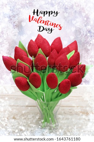 Red artificial roses with Happy Valentines Day inscription