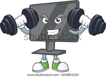 Computer screen mascot icon on fitness exercise trying barbells