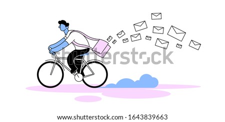 Cartoon postman riding bicycle. Courier character with bag full of letter envelopes rushing on bicycle. Flat style vector illustration. Isolated on white background.