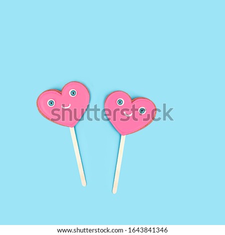 Lovely sweet hearts on blue background. Valentine's day, 14 february holiday. minimal creative festive concept. copy space