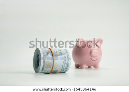 Selective focus of role money dollar with pink piggy bank on white background. Quotes and finance concept.