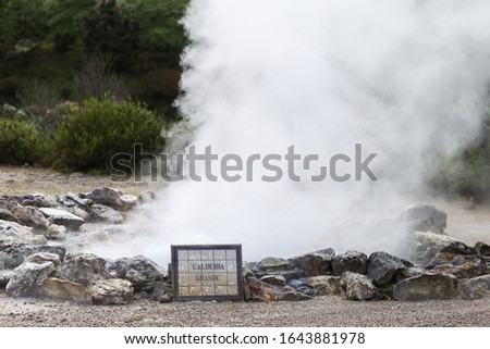 Boiling water and hot steam venting from Caldeira Grande (big boiler) in Furnas, Sao Miguel island, Azores, Portugal