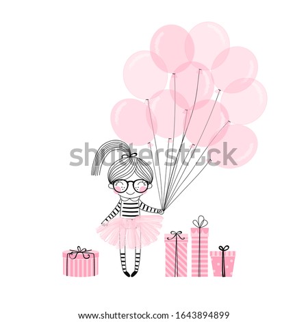 Cute happy birthday nerdy girl in pink ballerina skirt with a bunch of pink balloons, gift bow. Vector doodle illustration in candy pink palette for girly design like textile apparel print, wall art,