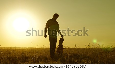 little daughter and dad walk around field holding hands. child holds father's hand. dad and baby are resting in park. child plays with his father. happy family and childhood concept
