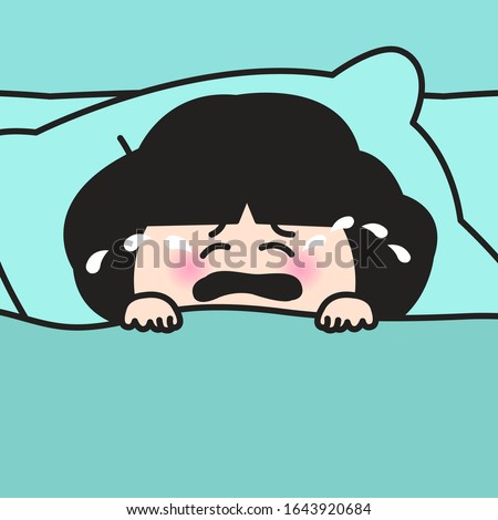 Desperated Woman Crying While Lying On A Pillow In Bed. Sleep Deprivation Symptoms Concept Card Character illustration