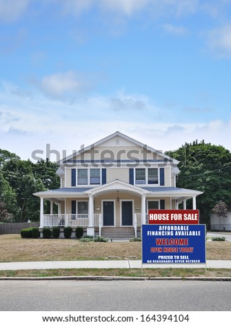 Real Estate Open House Welcome For Sale Sign Suburban Two Family Home Blue Sky Clouds USA residential neighborhood