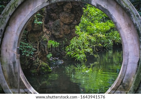 View of a traditional Chinese garden with water pond in the garden of the Wenshu Monastery, Chengdu, Sichuan Province, China