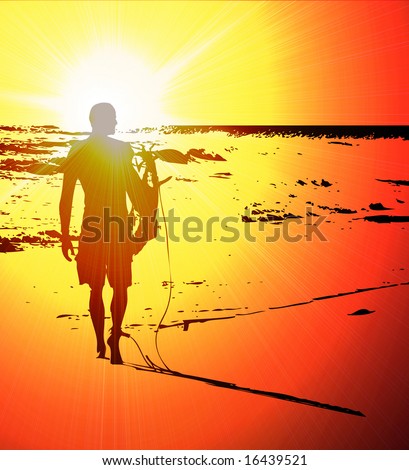 Surfer walking down a colorful beach at sunset