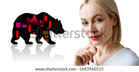 Adult business woman near big black silhouette bull financial icon. Isolated on white background.