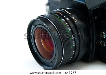 Camera and camera lens on white
