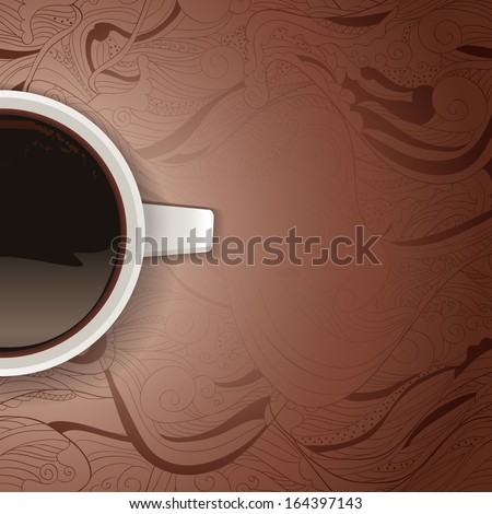 Vector greeting card with black coffee  at flavored  waves 
