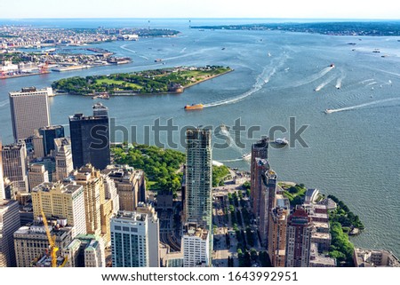 Aerial view of skyscrapers in lower Manhattan.