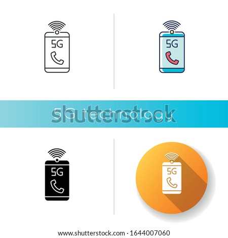 5G mobile network icon. Improved standard for phone calls, voice messages. Communication. Wireless technology. Linear black and RGB color styles. Isolated vector illustrations