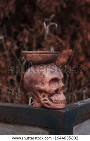 
Skull-shaped clay bowl. Nature background 