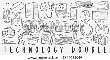 Technology Doodle Line Art Illustration. Hand Drawn Vector Clip Art. Banner Set Logos.