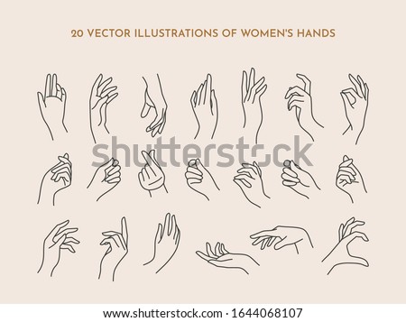 A set of icons women's hands in a trendy minimal linear style. Vector Illustration of female hands with various gestures. To create logos, prints, patterns, posters, and other designs Royalty-Free Stock Photo #1644068107