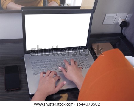 Close up image of  laptop mock up, pc computer monitor with white screen template