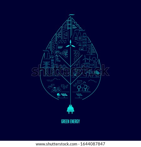 concept of green energy, a single leaf with ecology system inside presented in lined graphic with editable path Royalty-Free Stock Photo #1644087847