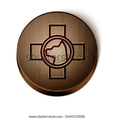Brown line Veterinary clinic symbol icon isolated on white background. Cross with dog veterinary care. Pet First Aid sign. Wooden circle button. Vector Illustration