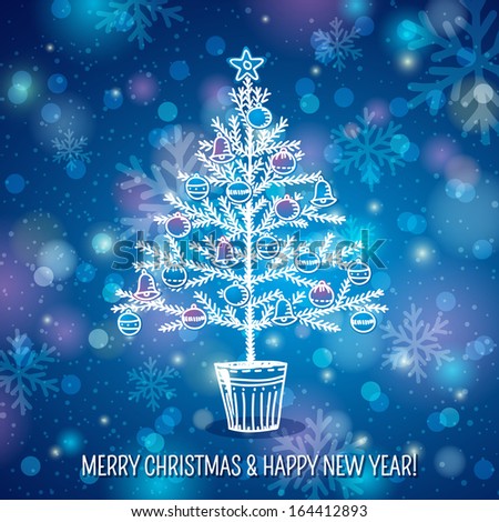 blue background with christmas tree, vector illustration