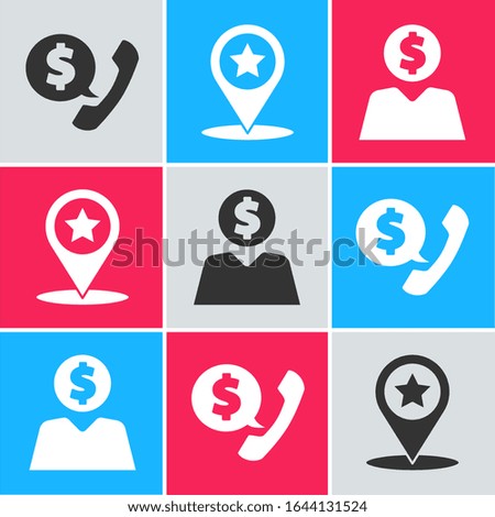 Set Telephone handset and speech bubble chat, Map pointer with star and Business man planning mind icon. Vector