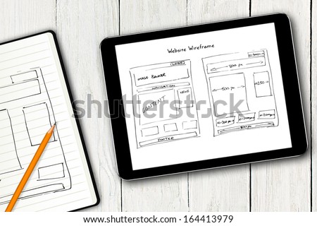 website wireframe sketch on digital tablet screen Royalty-Free Stock Photo #164413979