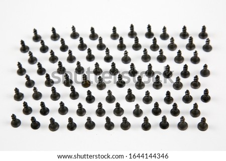 Small black wood screws (bedbugs) lined up in rows, isolated on a white background, the idea is the concept of free space for text.  Construction, repair, fasteners.
