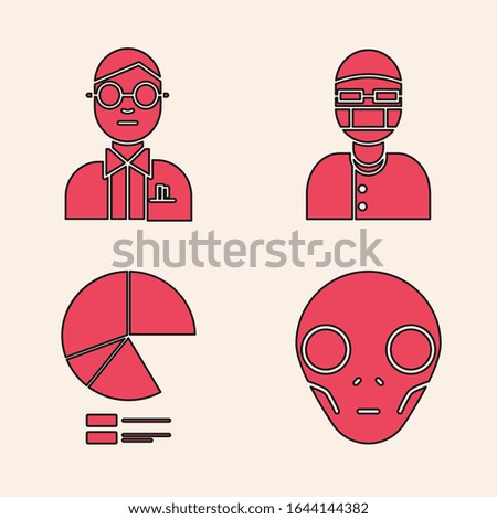 Set Extraterrestrial alien face, Scientist, Assistant and Pie chart infographic icon. Vector