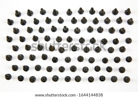 Small black wood screws (bedbugs) lined up in rows, isolated on a white background, the idea is the concept of free space for text.  Construction, repair, fasteners.