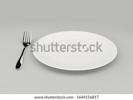 Empty white plate with fork on gray background. 3d illustration.