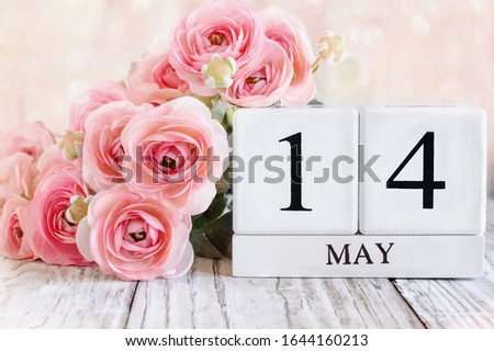 White wood calendar blocks with the date May 14th and pink ranunculus flowers over a wooden table. Selective focus with blurred background. 
