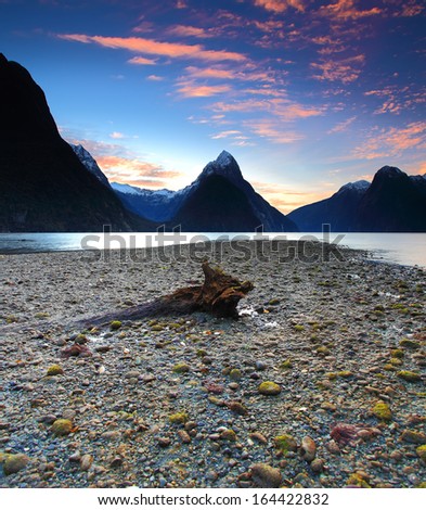 Beautiful sunset view with mountains at Milford Sound, South Island, New Zealand