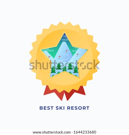 Best Snowboard Resort Medal. Vector Flat Style Illustration with Mountains and Pines Ski Routes Background. Star Rating Reward or Badge. Outdoor Action Sports Icon or Banner. Isolated.