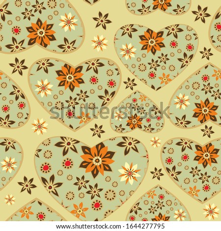 Seamless decorative pattern with floral hearts, vintage style