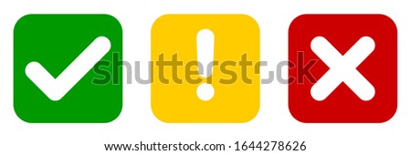 Set of flat square check mark, exclamation point, X mark icons, buttons isolated on a white background. EPS10 vector file