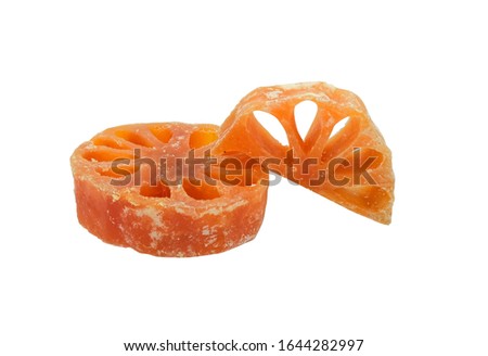circle round and half shape of bael fruit or elephant apple. Sweet brown appetizer food. Isolated on white background with clipping path