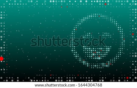 Abstract futuristic frame of white dots and circles. On the right - a smiling face filled with white dots. Some dots is highlighter. Vector illustration on teal background with stars
