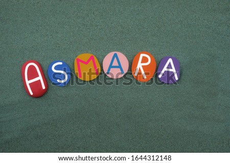 Asmara, capital of Eritrea, Horn of Africa, souvenir composed with multi colored stone letters over green sand