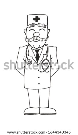 Doctor in hand drawn doodle style isolated on white background. Man with a tie in white uniform and medical cap.