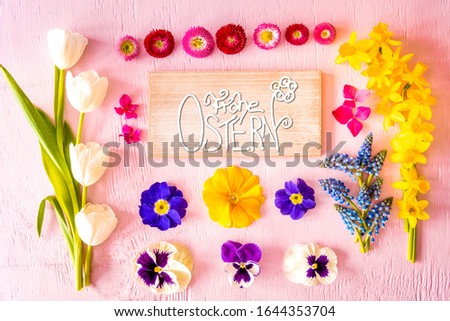 Spring Flat Lay, Flowers, Sign, Calligraphy Frohe Ostern Means Happy Easter