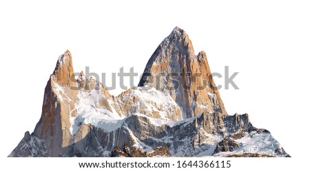 Mount Fitz Roy (also known as Cerro Chaltén, Cerro Fitz Roy, or Monte Fitz Roy) isolated on white background. It is a mountain in Patagonia, on the border between Argentina and Chile. Royalty-Free Stock Photo #1644366115
